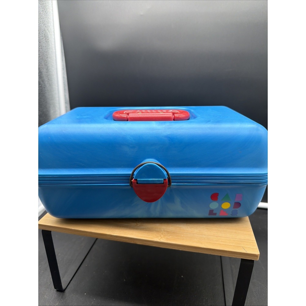 Vintage 1990s Caboodles Blue Makeup Cosmetic Organizer Case Red Handle